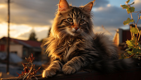 Cute kitten sitting on grass, looking at sunset generated by artificial intelligenceの素材