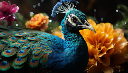 The majestic peacock vibrant feathers showcase nature beauty generated by artificial intelligenceの素材