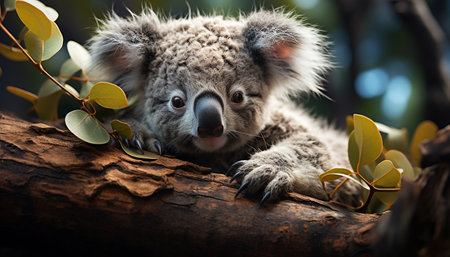 Cute koala sitting on branch, looking at camera generated by artificial intelligenceの素材
