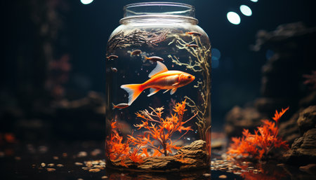 Underwater nature goldfish swimming in a colorful fish tank generated by artificial intelligenceの素材