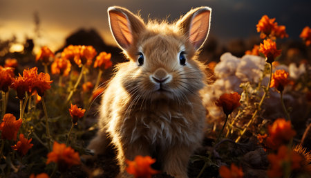 Cute baby rabbit sitting on grass, enjoying nature beauty generated by artificial intelligenceの素材