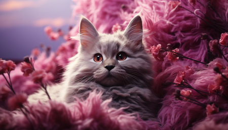 Cute kitten with fluffy fur looking at pink flower generated by artificial intelligenceの素材