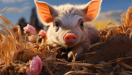 Cute piglet grazing on meadow, enjoying the summer sunlight generated by artificial intelligenceの素材