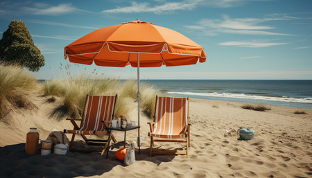 Relaxation on the coastline, sunbathing in tranquil, abandoned paradise generated by artificial intelligenceの素材