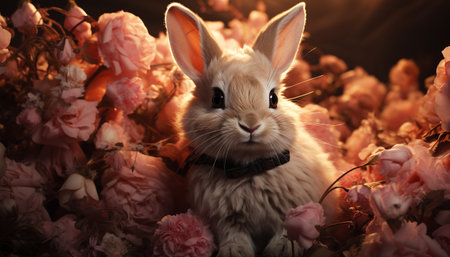 Cute fluffy rabbit sitting in grass, surrounded by flowers generated by artificial intelligenceの素材