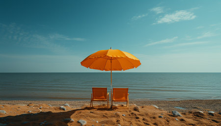 Relaxation on sandy beach, sunlight, blue water, tranquil scene generated by artificial intelligenceの素材