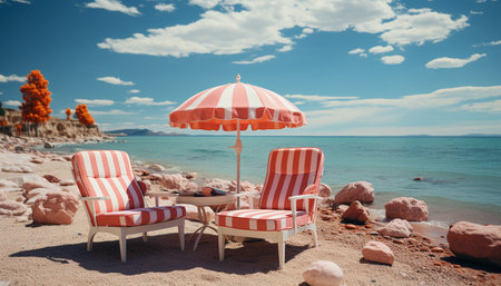 Relaxation on sandy beach, sunbathing under blue sky generated by artificial intelligenceの素材