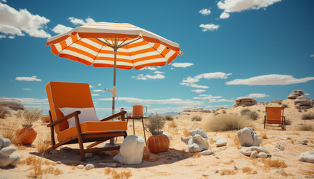 Relaxation in nature sun, sand, chair, umbrella, vacations generated by artificial intelligenceの素材