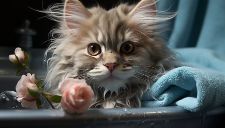 Cute kitten looking at camera, playful puppy sitting outdoors generated by artificial intelligenceの素材
