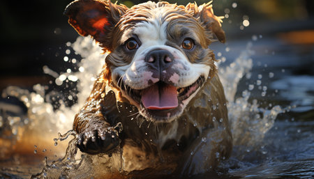 Cute wet puppy playing in the rain, purebred bulldog smiling generated by artificial intelligenceの素材