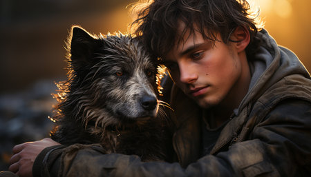 A cute puppy and a smiling child embrace outdoors generated by artificial intelligenceの素材