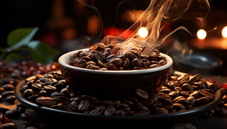 Freshly brewed coffee in a dark cup on wooden table generated by artificial intelligenceの素材
