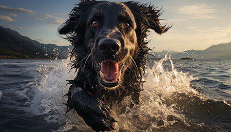 Cute puppy splashing in water, pure joy and happiness generated by artificial intelligenceの素材
