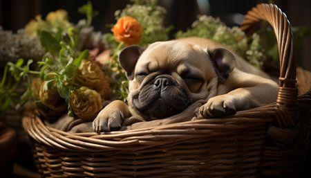 Cute puppy sleeping, small French bulldog outdoors, purebred love generated by artificial intelligenceの素材
