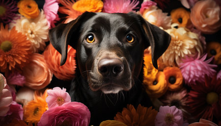 Cute puppy sitting, looking at camera, surrounded by flowers generated by artificial intelligenceの素材