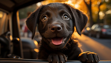 Cute puppy sitting outdoors, looking at camera with cheerful eyes generated by artificial intelligenceの素材