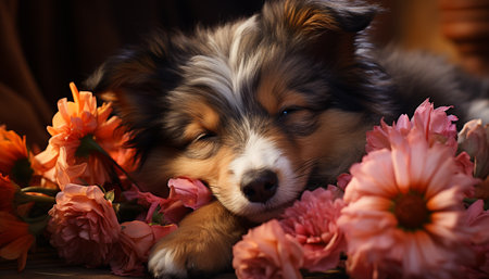 Cute puppy sitting outdoors, surrounded by nature beauty generated by artificial intelligenceの素材