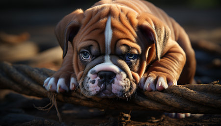 Cute bulldog puppy playing outdoors, enjoying nature autumn relaxation generated by artificial intelligenceの素材