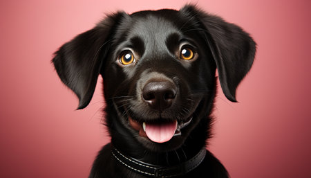 Cute puppy sitting, looking at camera, black background generated by artificial intelligenceの素材