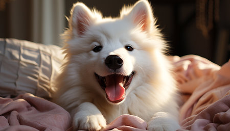 Cute puppy playing outdoors, smiling, nature joyful furry friend generated by artificial intelligenceの素材