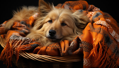 Cute puppy sitting, looking at camera, fluffy fur, playful generated by artificial intelligenceの素材