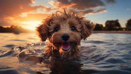 Cute puppy playing in water, enjoying summer outdoors generated by artificial intelligenceの素材