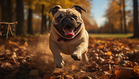 Cute bulldog puppy playing outdoors in autumn forest generated by artificial intelligenceの素材