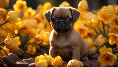 Cute puppy sitting in grass, looking at yellow flower generated by artificial intelligenceの素材