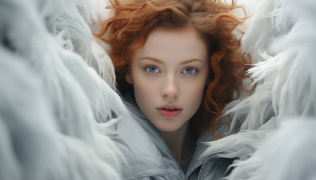 A beautiful redhead woman, young and elegant, looking at camera generated by artificial intelligenceの素材