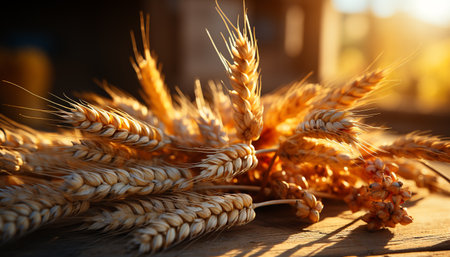 Rural farm harvests golden wheat, nature healthy breakfast cereal generated by artificial intelligenceの素材
