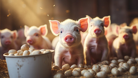 Cute piglet grazing on farm, surrounded by animals generated by artificial intelligenceの素材