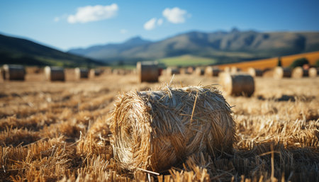 Rural scene farm meadow, haystacks, rolled up wheat, autumn harvest generated by artificial intelligenceの素材