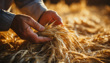 A farmer's hand holds golden wheat in the summer generated by artificial intelligenceの素材