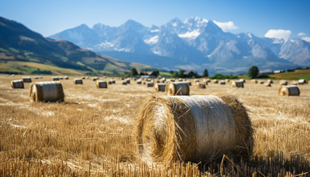 A beautiful rural scene with haystacks and rolling meadows generated by artificial intelligenceの素材