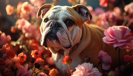 Cute bulldog puppy sitting in nature, playful and cheerful generated by artificial intelligenceの素材