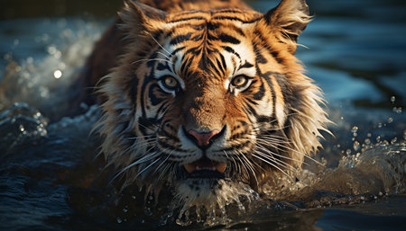 Bengal tiger staring, majestic beauty in nature, close up portrait generated by artificial intelligenceの素材