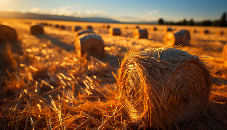 Golden wheat bales dot the rural landscape under a sunset generated by artificial intelligenceの素材