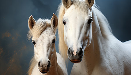 Beautiful mare and foal grazing in rural meadow generated by artificial intelligenceの素材