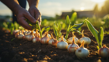 A farmer's hand holds fresh, organic garlic, a healthy ingredient generated by artificial intelligenceの素材