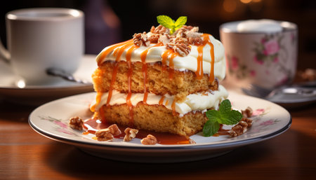 A gourmet dessert plate with sweet chocolate slice and fresh fruit generated by artificial intelligenceの素材