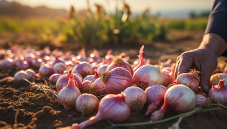Fresh organic garlic, ripe and healthy, grown outdoors on a farm generated by artificial intelligenceの素材