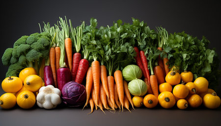 healthy vegetables carrot with tomato, onion, cauliflower, broccoli, cucumber generated by artificial intelligenceの素材