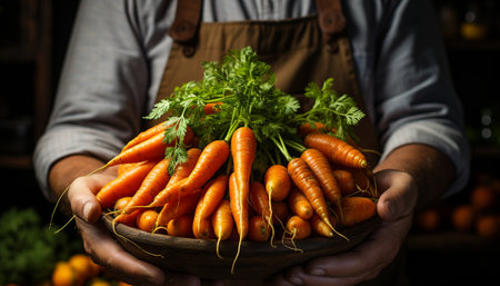A man holding fresh organic carrots, preparing a healthy meal generated by artificial intelligenceの素材