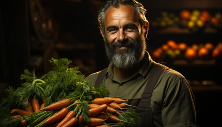 One man, smiling, holding fresh organic vegetables, looking at camera generated by artificial intelligenceの素材