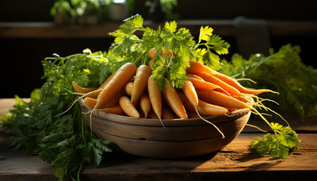 Freshness of organic vegetables, healthy eating on rustic wooden table generated by artificial intelligenceの素材