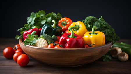 Freshness of organic vegetables on wooden table, healthy eating generated by artificial intelligenceの素材