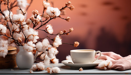 Coffee cup on wooden table, surrounded by nature freshness generated by artificial intelligenceの素材
