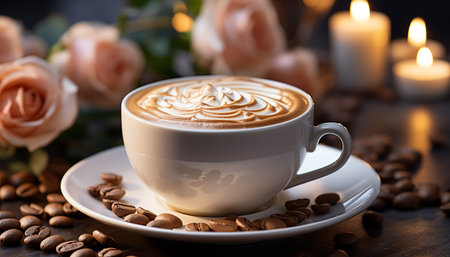 Hot coffee cup on wooden table with frothy milk generated by artificial intelligenceの素材