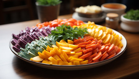 Freshness on healthy plate salad, gourmet vegetarian meal generated by artificial intelligenceの素材