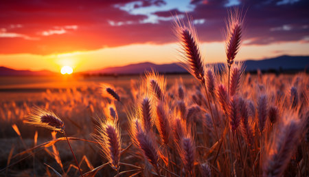 Sunset over the meadow, nature beauty in golden silhouette generated by artificial intelligenceの素材